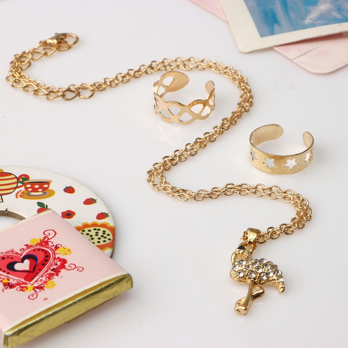 Набор детский &laquo;Выбражулька&raquo; 3 предмета: кулон 40 см, 2 кольца, фламинго, цвет белый в золоте