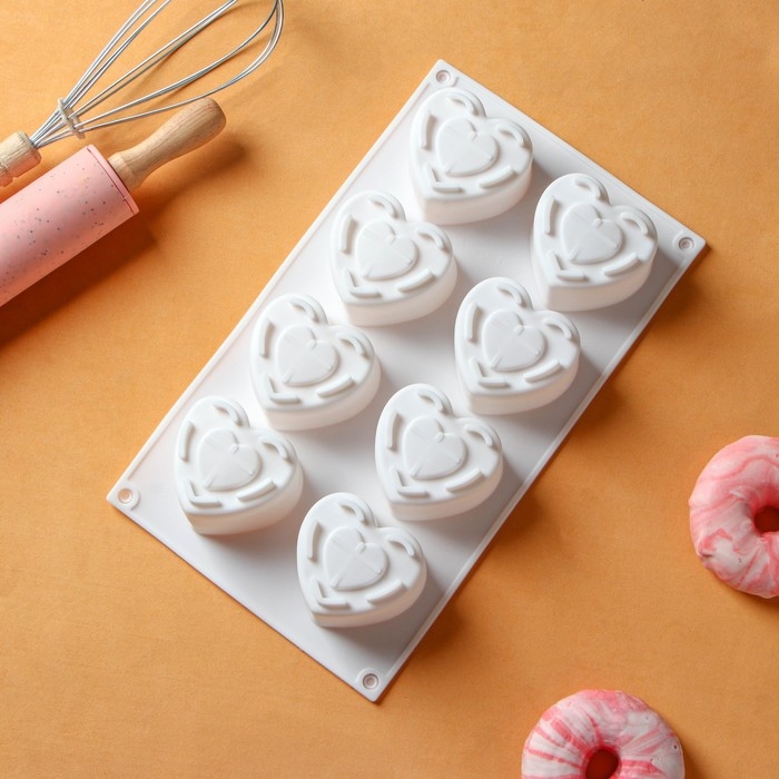 Форма для муссовых десертов Доляна «Сердце», силикон, 29×17×4,3 см, 8 ячеек (5,5×6,2×3,5 см), цвет белый Форма для муссовых десертов Доляна «Сердце», силикон, 29×17×4,3 см, 8 ячеек (5,5×6,2×3,5 см), цвет белый