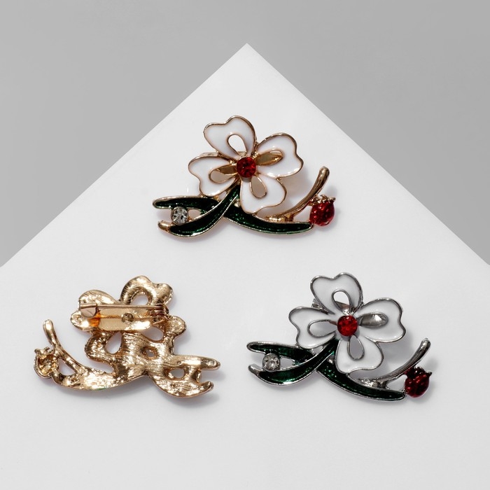 Брошь &laquo;Цветок&raquo; с двумя листьями, цвет МИКС (неделимая фасовка 12 шт., цена за шт.)