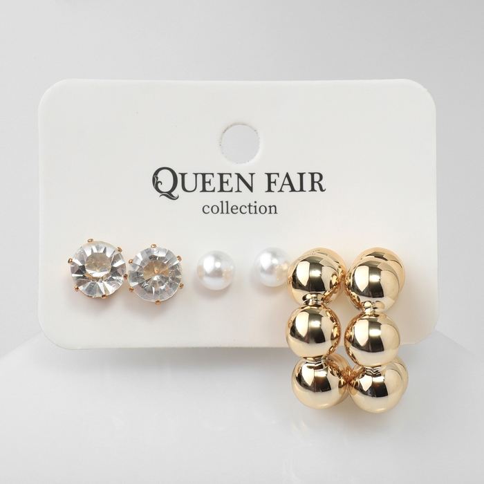 Серьги набор 3 пары &laquo;Топ&raquo; бьюти, цвет белый в золоте