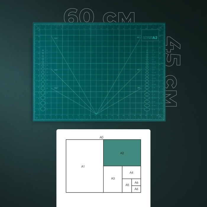 Мат для резки, трёхслойный, 60 × 45 см, А2, цвет зелёный Мат для резки, трёхслойный, 60 × 45 см, А2, цвет зелёный