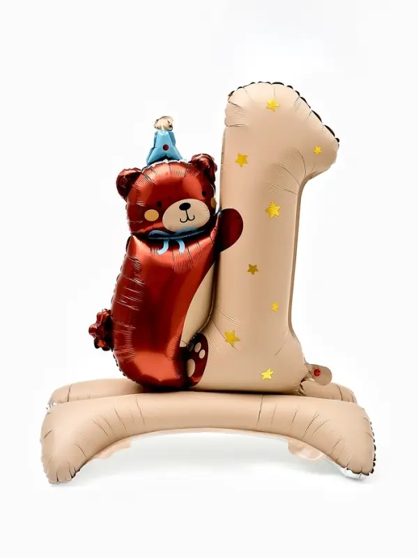 Воздушный шар фольгированный 32" "Цифра 1 с мишкой"  цвет бежевый, под воздух