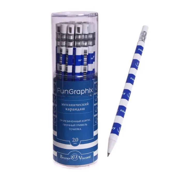 Карандаш механический цанговый 2.0 мм FunGraphix "Морская", НВ, шестигранный, пластиковый корпус, с точилкой
