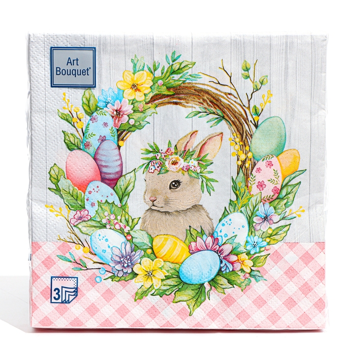 Пасхальные салфетки бумажные Art Bouquet &laquo;Пасхальный венок с кроликом&raquo;, 3 слоя, 33х33 см, 20 шт