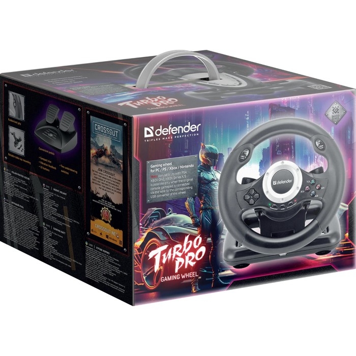 Руль Defender Turbo Pro, проводной, вибрация, для PC, 2 педали, USB