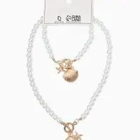 Набор 2 пред-та: бусы.браслет "Жемчуг", ракушка вонголе, цвет белый в золоте L=18/42см №8