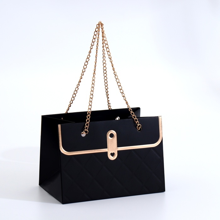 Пакет для цветов, ручка цепь, Пакет для цветов, ручка цепь, "Чёрный", с золотым тиснением, 15 х 10,5 х 10 см