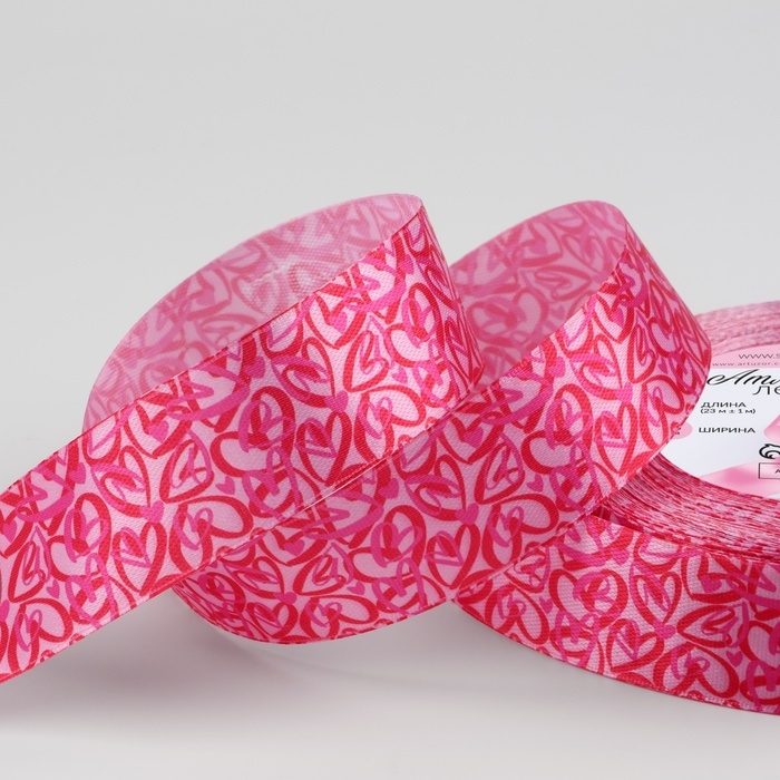 Лента атласная &laquo;Сердца&raquo;, 25 мм &times; 23 &plusmn; 1 м, цвет фуксия