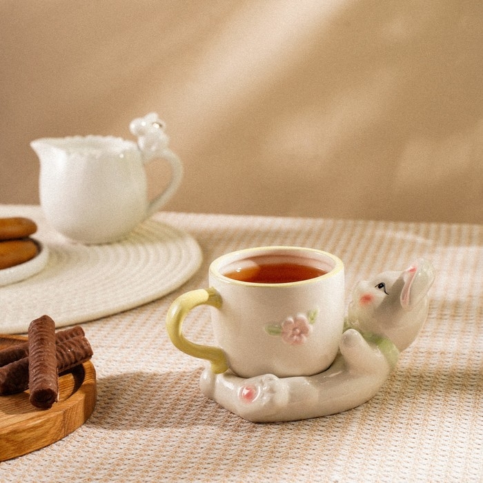 Чайная пара керамическая SL Home &laquo;Пасхальные кролики&raquo;, 2 предмета: чашка 300 мл, блюдце d=9 см, цвет белый