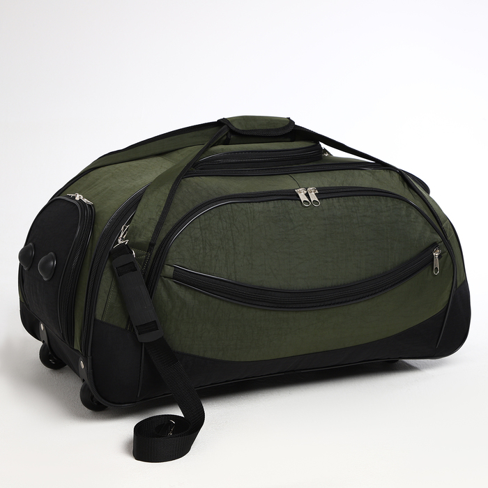 Сумка дорожная на колёсах, отдел на молнии, отдел для обуви, 3 наружных кармана, длинный ремень, цвет чёрный/хаки Сумка дорожная на колёсах, отдел на молнии, отдел для обуви, 3 наружных кармана, длинный ремень, цвет чёрный/хаки