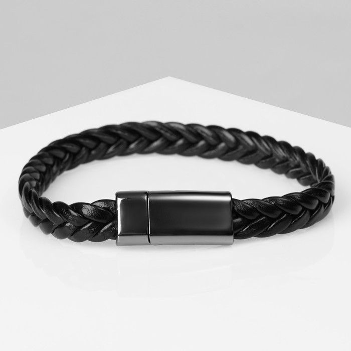 Браслет унисекс &laquo;Косичка&raquo; гладкая, цвет чёрный с серым металлом, 22 см