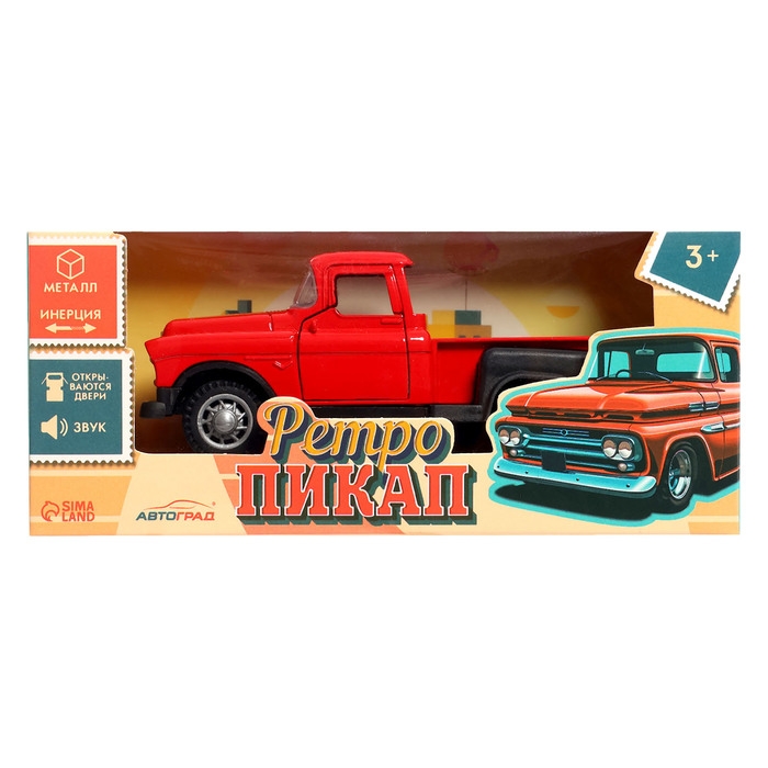 Машина &laquo;Ретро пикап&raquo;, металлическая, инерция, открываются двери, световые и звуковые эффекты, 1:32, цвет красный
