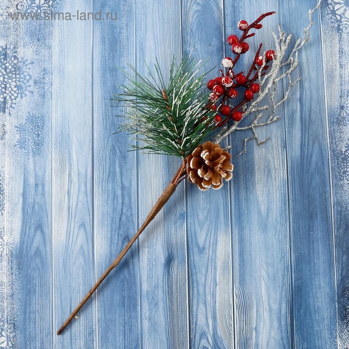 Декор "Зимнее очарование" хвоя веточка в серебре шишка ягоды, 30 см