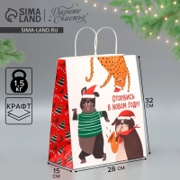 Пакет подарочный новогодний крафтовый &laquo;Оторвемся&raquo;, 28 х 32 х 15 см, Новый год