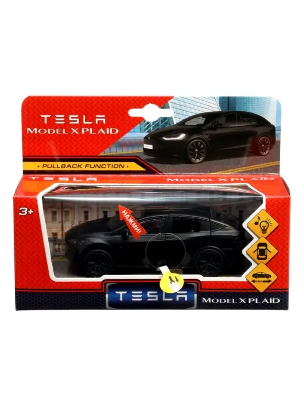 Машина металл. "Tesla Model X Plaid", 12 см, свет-звук, двери, инерц., черный мат. MODELX-12SLMAT-BK