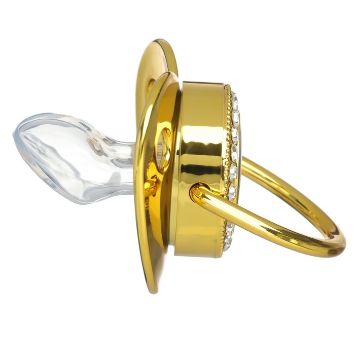 Соска - пустышка силиконовая ортодонтическая &laquo;Бриллиант&raquo;, от 6 мес., с колпачком + держатель - цепочка, цвет золотой/черный, стразы