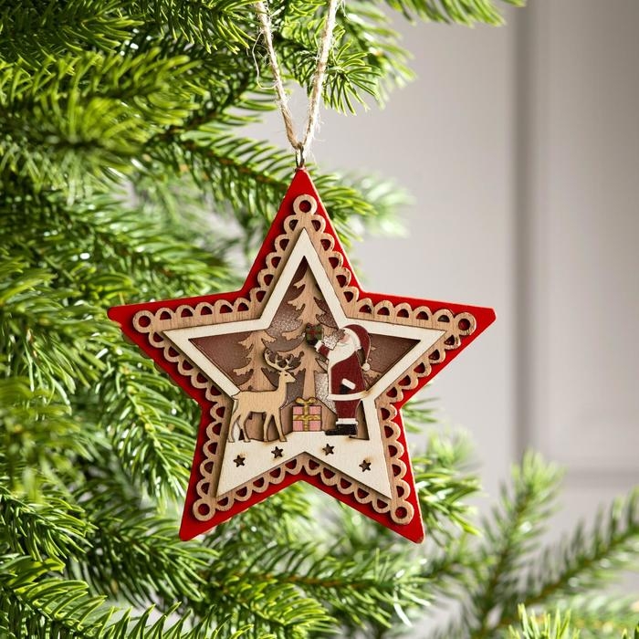 Ёлочная игрушка &laquo;Красная звезда с Дедом Морозом&raquo;, от батареек, свечение тёплое белое