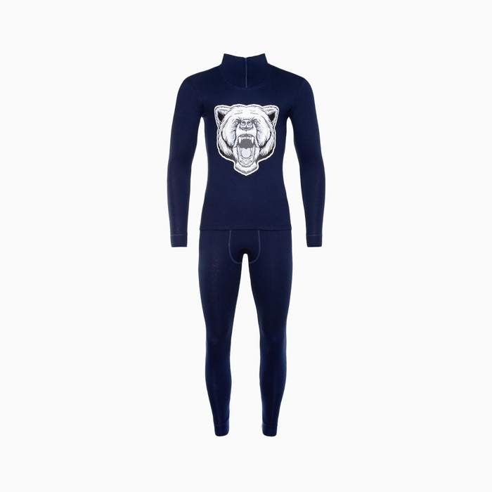Термобельё мужское НАЧЁС (фуфайка, кальсоны) принт медведь, цвет тёмно-синий, размер 48