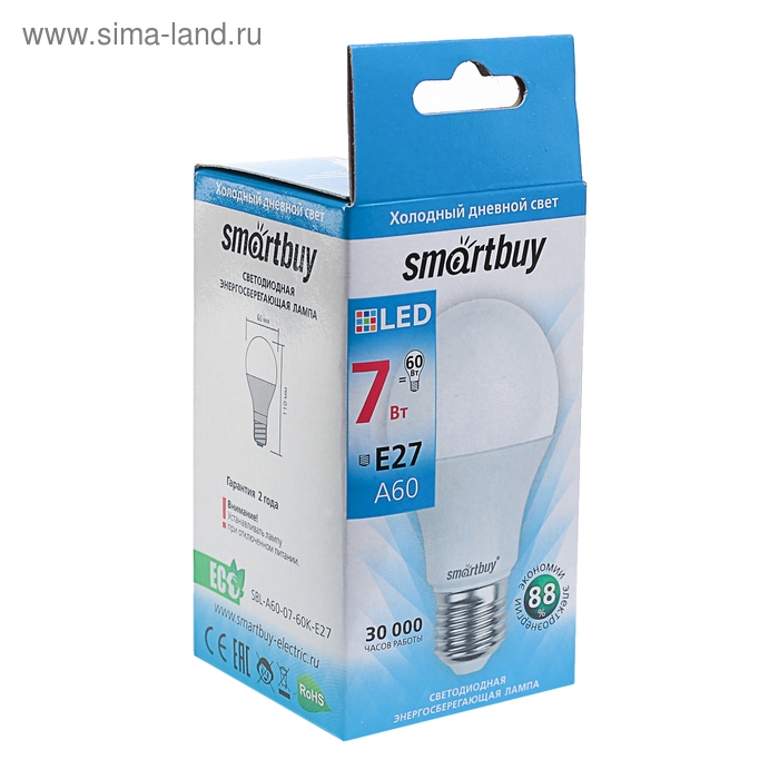 Лампа светодиодная Smartbuy, E27, А60, 7 Вт, 6000 К, холодный белый свет Лампа светодиодная Smartbuy, E27, А60, 7 Вт, 6000 К, холодный белый свет