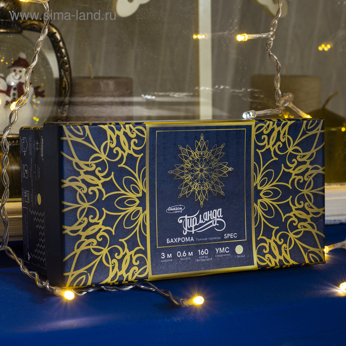 Гирлянда &laquo;Бахрома&raquo; 3 &times; 0.6 м, IP44, УМС, прозрачная нить, 160 LED, свечение тёплое белое, мерцание белым, 220 В