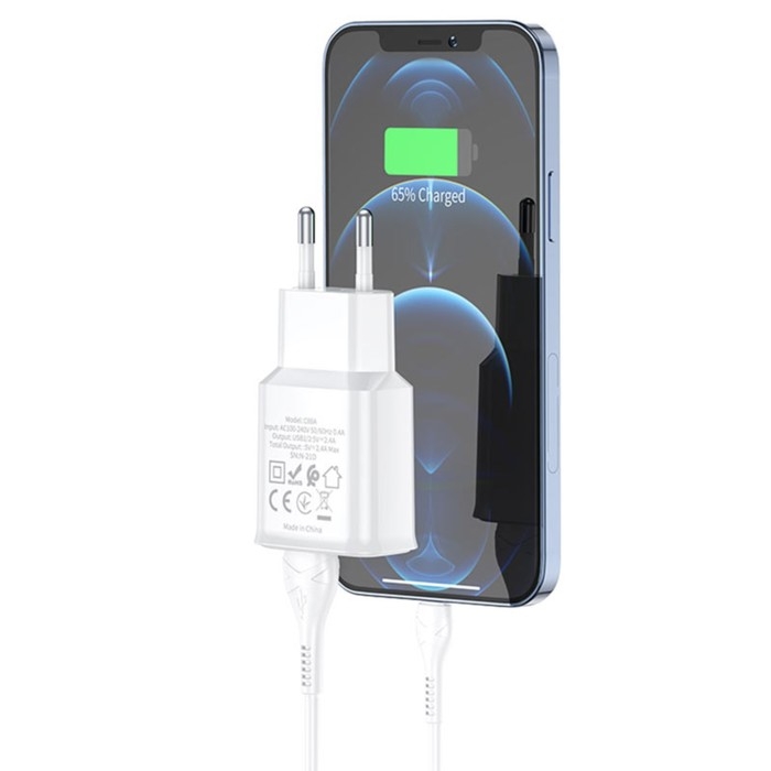 Сетевое зарядное устройство Hoco C88A, 2 USB, 2.4 А, кабель Lightning - USB, 1 м, белый