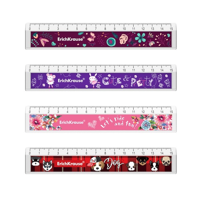 Линейка 15 см дизайн ErichKrause, с выемкой, микс *4 вида, в дисплее (girl)