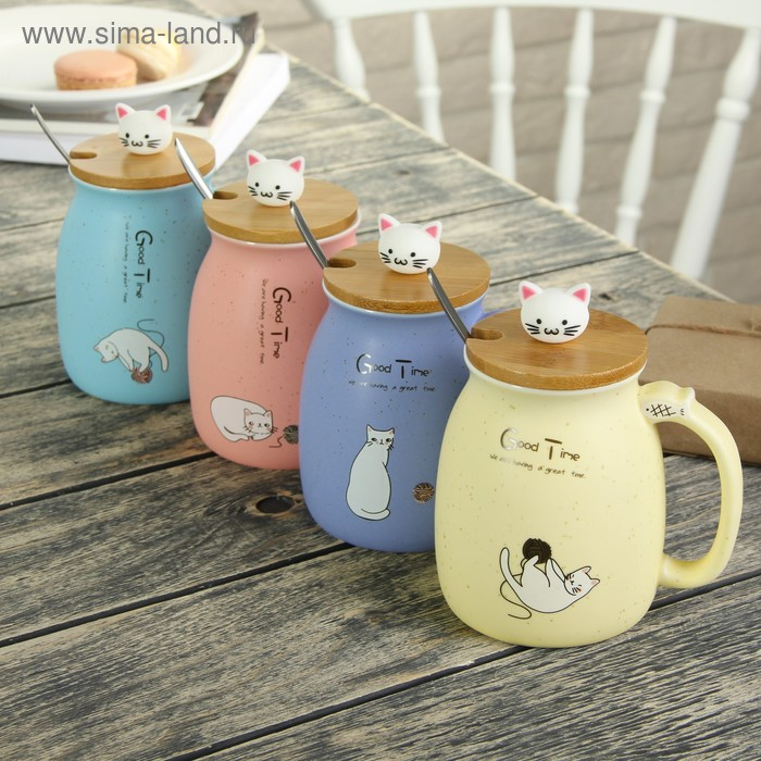 Кружка керамическая с деревянной крышкой и ложкой &laquo;Котик&raquo;, 500 мл, цвет и рисунок МИКС