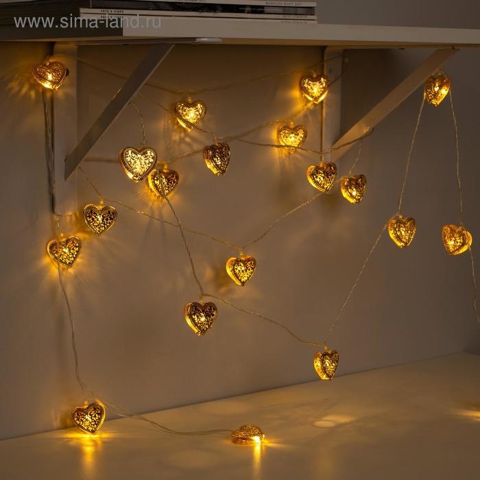 Гирлянда &laquo;Нить&raquo; 4 м с насадками &laquo;Сердечко&raquo;, IP20, прозрачная нить, 20 LED, свечение тёплое белое, 8 режимов, 220 В