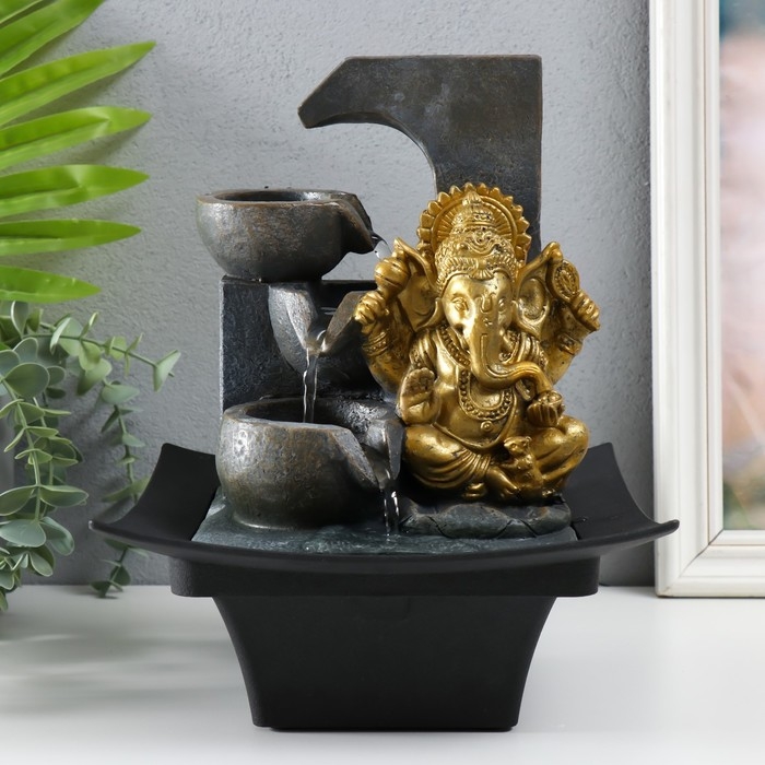 Фонтан настольный от сети, подсветка Фонтан настольный от сети, подсветка "Золотой Ганеша у каменного фонтана" 20,5х20,5х26 см