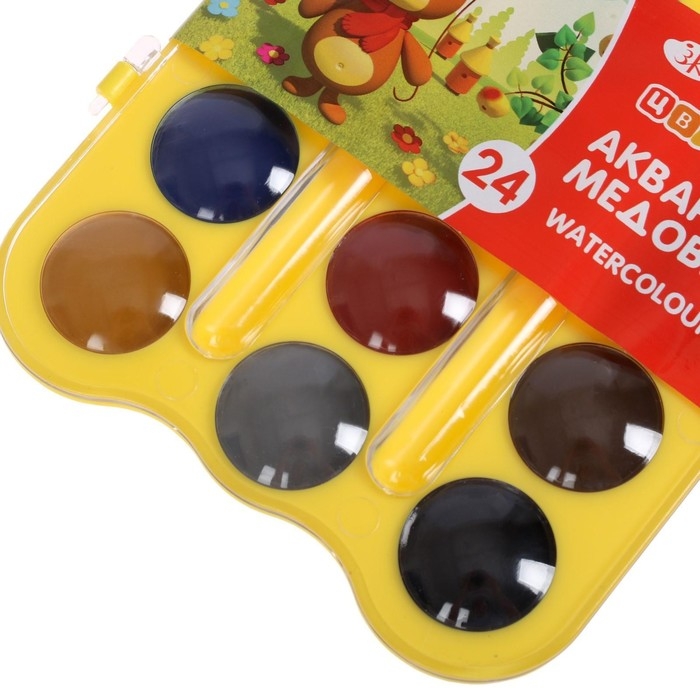 Акварель медовая 24 цвета, ЗХК "Цветик", без кисти, жёлтый пластиковый футляр с петлей, 27421678