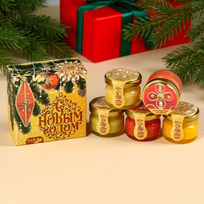 Подарочный набор &laquo;С новым годом&raquo;: чай чёрный (50 гр),крем-мед (5 шт x 30 гр)