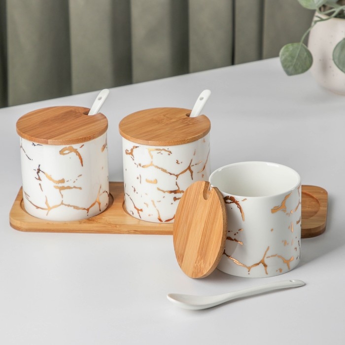 Набор банок керамических с ложками на деревянной подставке &laquo;Эстет. Gold&raquo;, 3 предмета: 300 мл, цвет белый