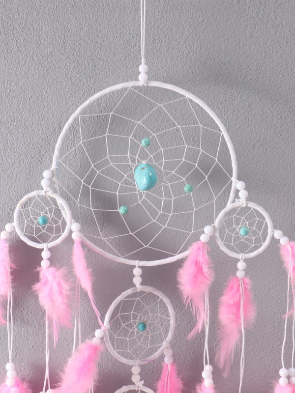 Ловец снов "Оберег с камнем Бирюза" бело-розовый 35х66 см
