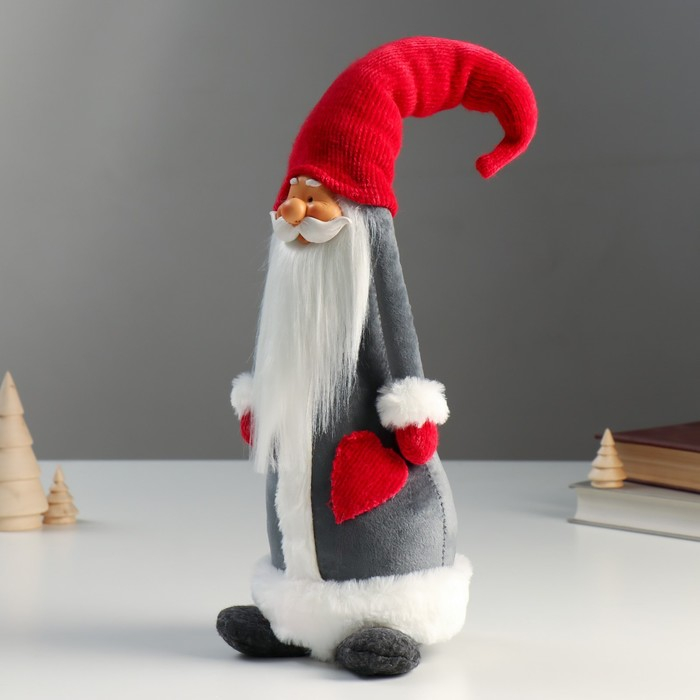 Кукла интерьерная "Дедушка Мороз в серой шубе и красном колпаке-шапке" 55х15х16 см