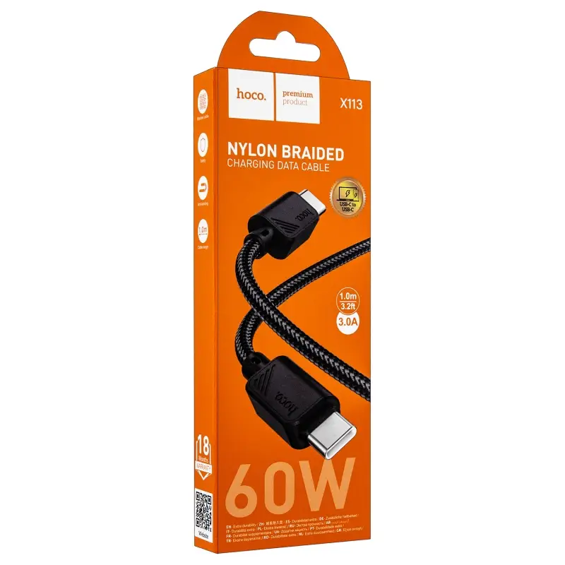 Кабель X113 Type-C на Type-C 1M 3A 60W HOCO черный