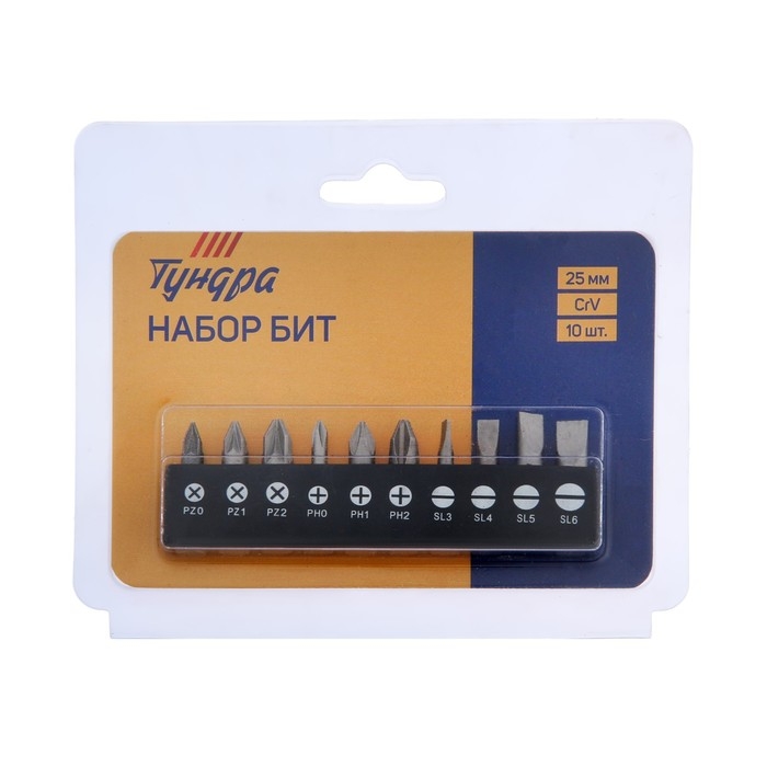 Набор бит ТУНДРА, сталь CrV, PH, PZ, SL х 25 мм, 10 шт.