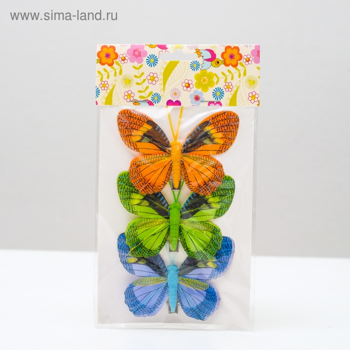 Бабочка для декора и флористики, на прищепке, пластиковая, микс, 1 шт., 8 см