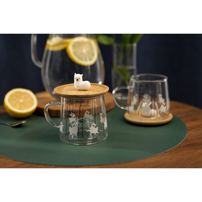 Кружка стеклянная с деревянной крышкой &laquo;Лама&raquo;, 300 мл, рисунок МИКС