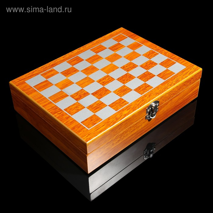 Набор 6 в 1: фляжка 8 oz, рюмка, воронка, кубики 5 шт, карты, шахматы, 18 х 24 см