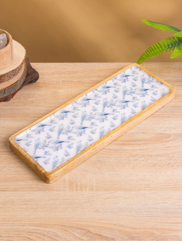 Блюдо прямоугольное "Синие птицы" дерево манго 41х15 см