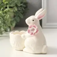 Сувенир керамика подставка "Зайка с цветком" белый 10,5х4,5х10 см