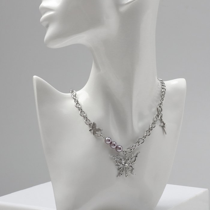 Колье &laquo;Бабочка&raquo; бусины, цвет серебро, 40 см