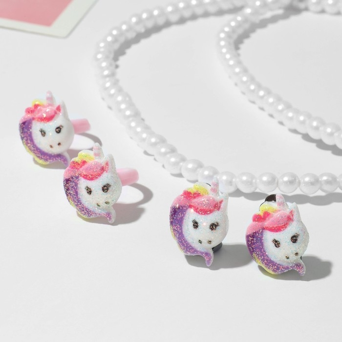 Набор детский 4 предмета: клипсы, бусы, браслет, кольцо &laquo;Единорожка&raquo;, цветной