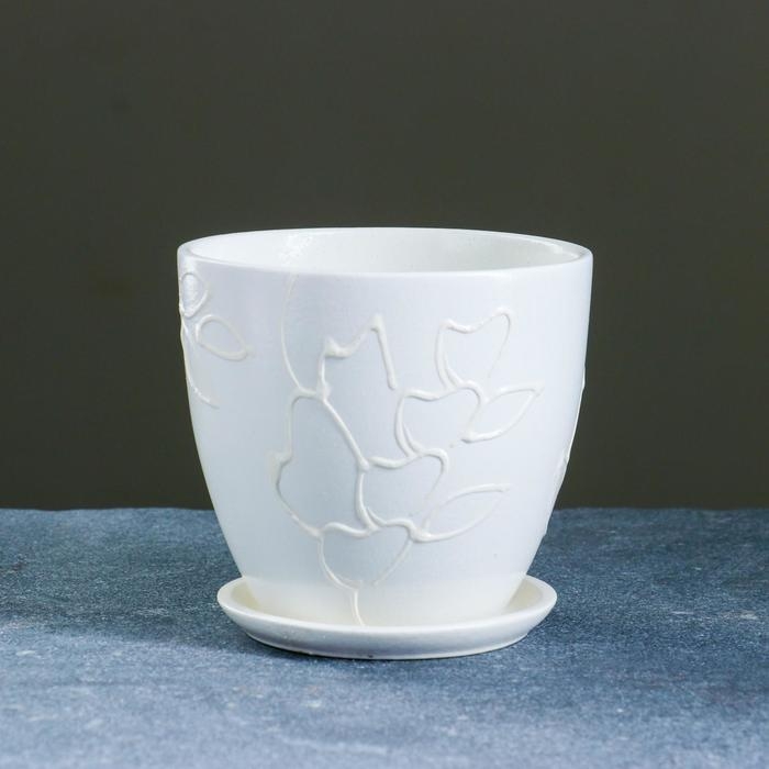 Горшок для цветов &laquo;Кураж&raquo;, 600 мл, d=12 см, h=10 см, керамический, с поддоном, белый