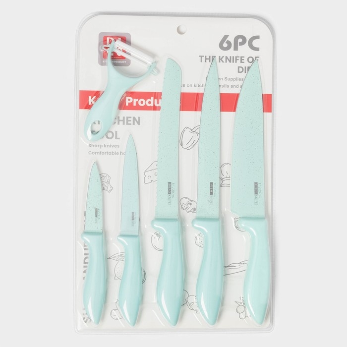 Набор кухонных принадлежностей &laquo;Клауд&raquo;, 6 предметов: 5 ножей, овощечистка из керамики, цвет бирюзовый