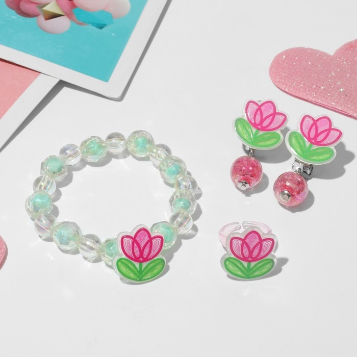 Набор детский &laquo;Выбражулька&raquo; 3 предмета: клипсы, браслет, кольцо, цветы тюльпаны, цветной