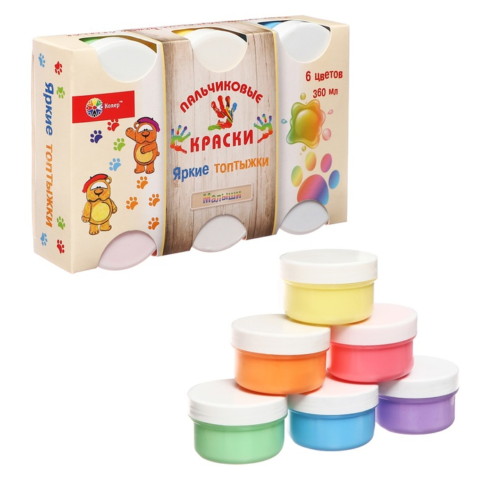 Краски пальчиковые набор 6 цветов х 60 мл, Спектр, 360 мл, Краски пальчиковые набор 6 цветов х 60 мл, Спектр, 360 мл, "Лапочки" (от 1 года )