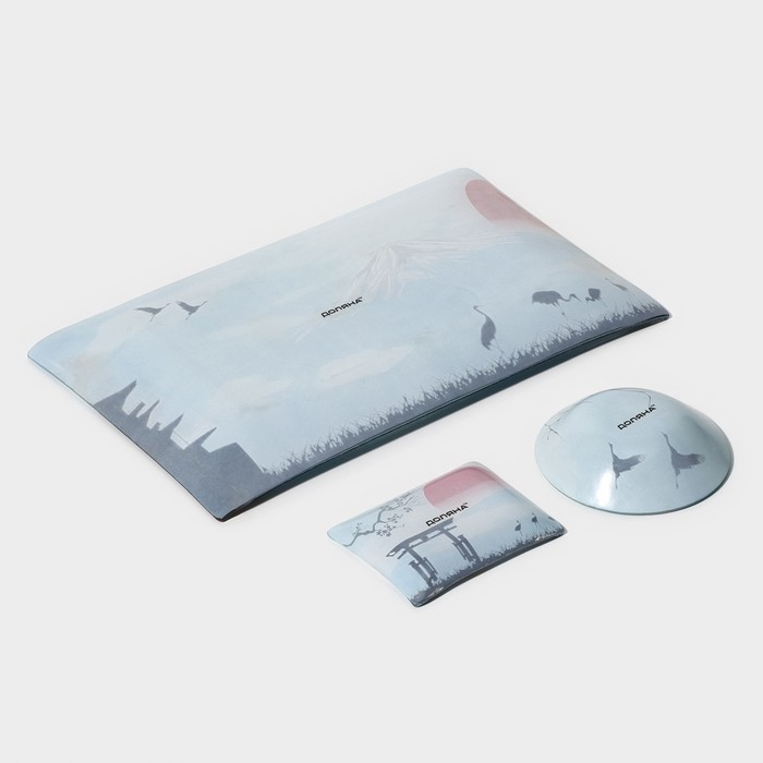 Набор для суши из стекла Доляна &laquo;Журавль&raquo;, 3 предмета: соусники 8&times;2 см, 8&times;6 см, подставка 25&times;15&times;2 см