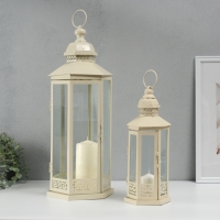 Подсвечник металл, стекло фонарик "Фес" белый с патиной набор 2 шт 35х13,5х11,8; 51х21х18 см Подсвечник металл, стекло фонарик "Фес" белый с патиной набор 2 шт 35х13,5х11,8; 51х21х18 см