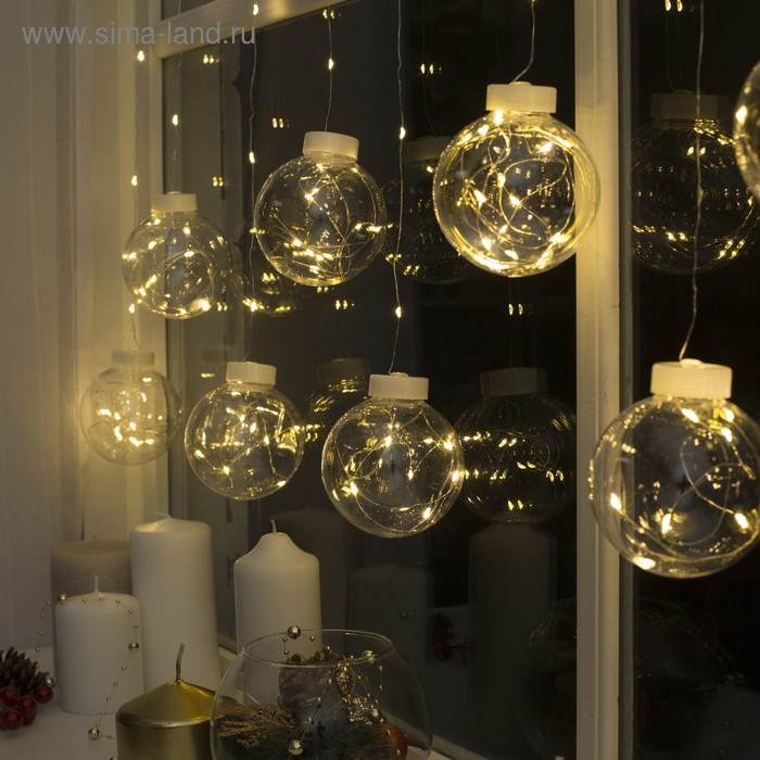 Гирлянда &laquo;Бахрома&raquo; 2.5 &times; 0.7 м роса с насадками &laquo;Шарики&raquo;, IP20, серебристая нить, 150 LED, свечение тёплое белое, 12 В